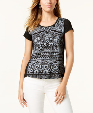 Alfani Women's Black Brushstroke-Print Polo Top Size Petite Large