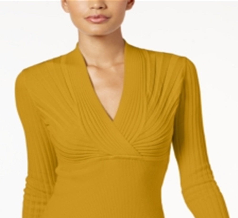 INC International Concepts Women's Ribbed Surplice Sweater Yellow Size X-Large