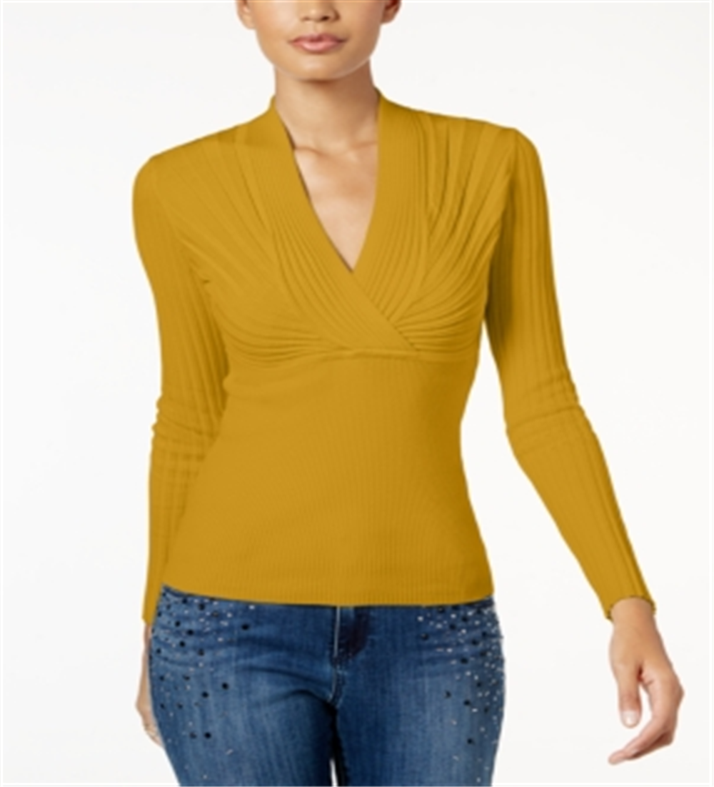 INC International Concepts Women's Ribbed Surplice Sweater Yellow Size X-Large