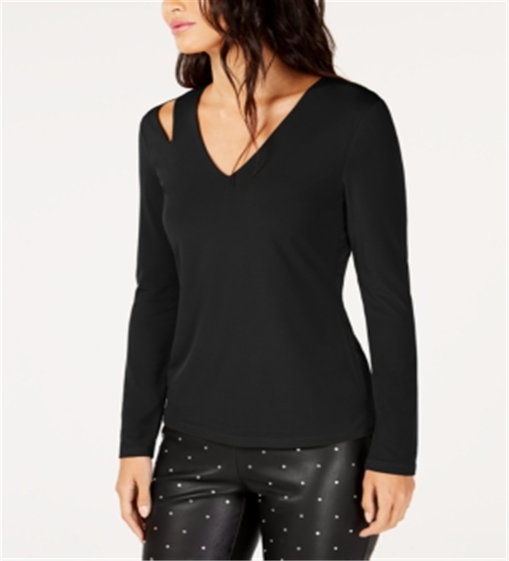 INC International Concepts Women's Cutout V Neck Top Black Size X-Small