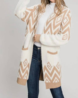 Allie Rose - Cozy Eyelash Chevron Open Cardigan With Pockets