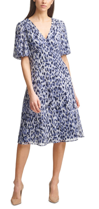 Jessica Howard Women's Cheetah-Print Midi Dress Blue Size 14 Petite