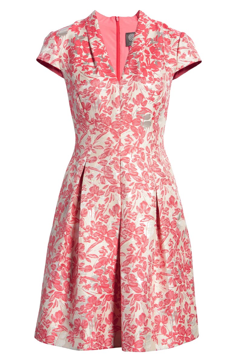 Vince Camuto Women's Floral Metallic Jacquard Fit & Flare Dress Orange Size 8