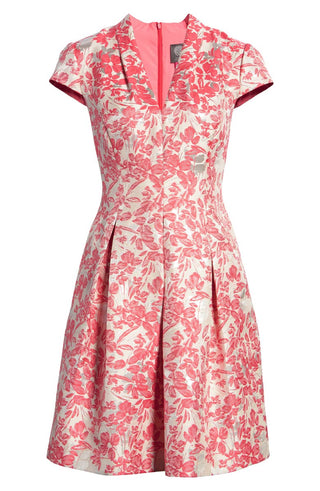 Vince Camuto Women's Floral Metallic Jacquard Fit & Flare Dress Orange Size 8