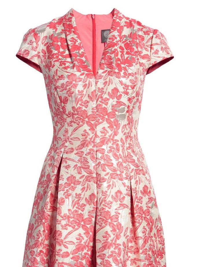 Vince Camuto Women's Floral Metallic Jacquard Fit & Flare Dress Orange Size 8