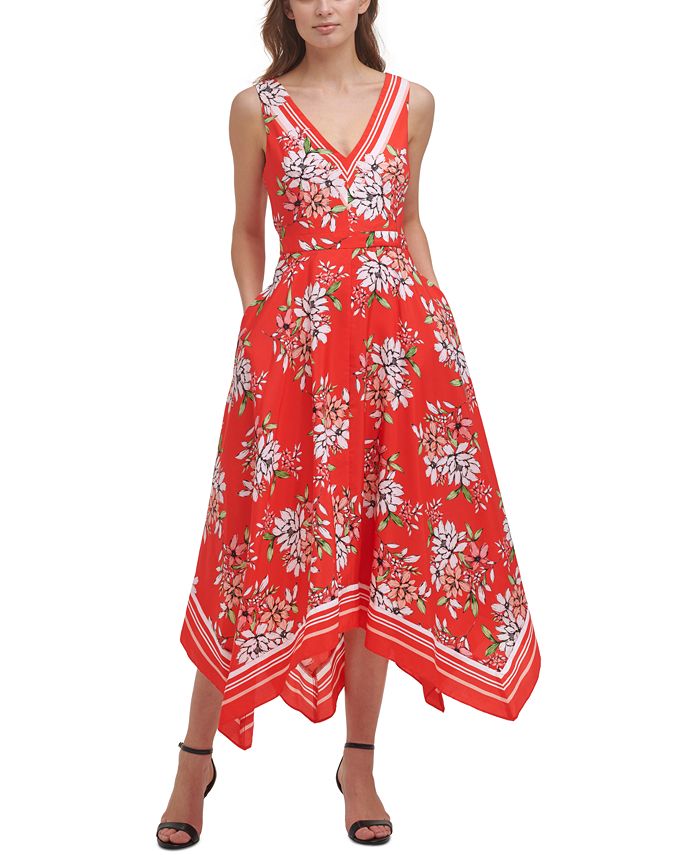 Vince Camuto Women's Sleeveless Handkerchief Hem Midi Dress Red Size 12