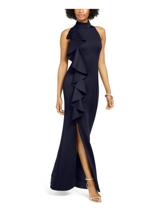 Jessica Howard Women's Ruffled Front Halter Gown Blue Size 14