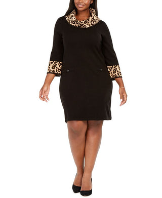Jessica Howard Women's Plus Animal Print Trim Shift Dress Black Size 1X