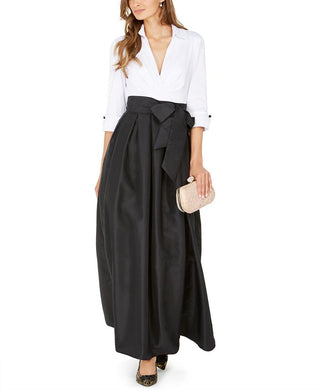 Jessica Howard Women's Belted Color Block 3/4 Sleeve Collared Maxi Fit Flare Formal Dress White Size 6 Petite