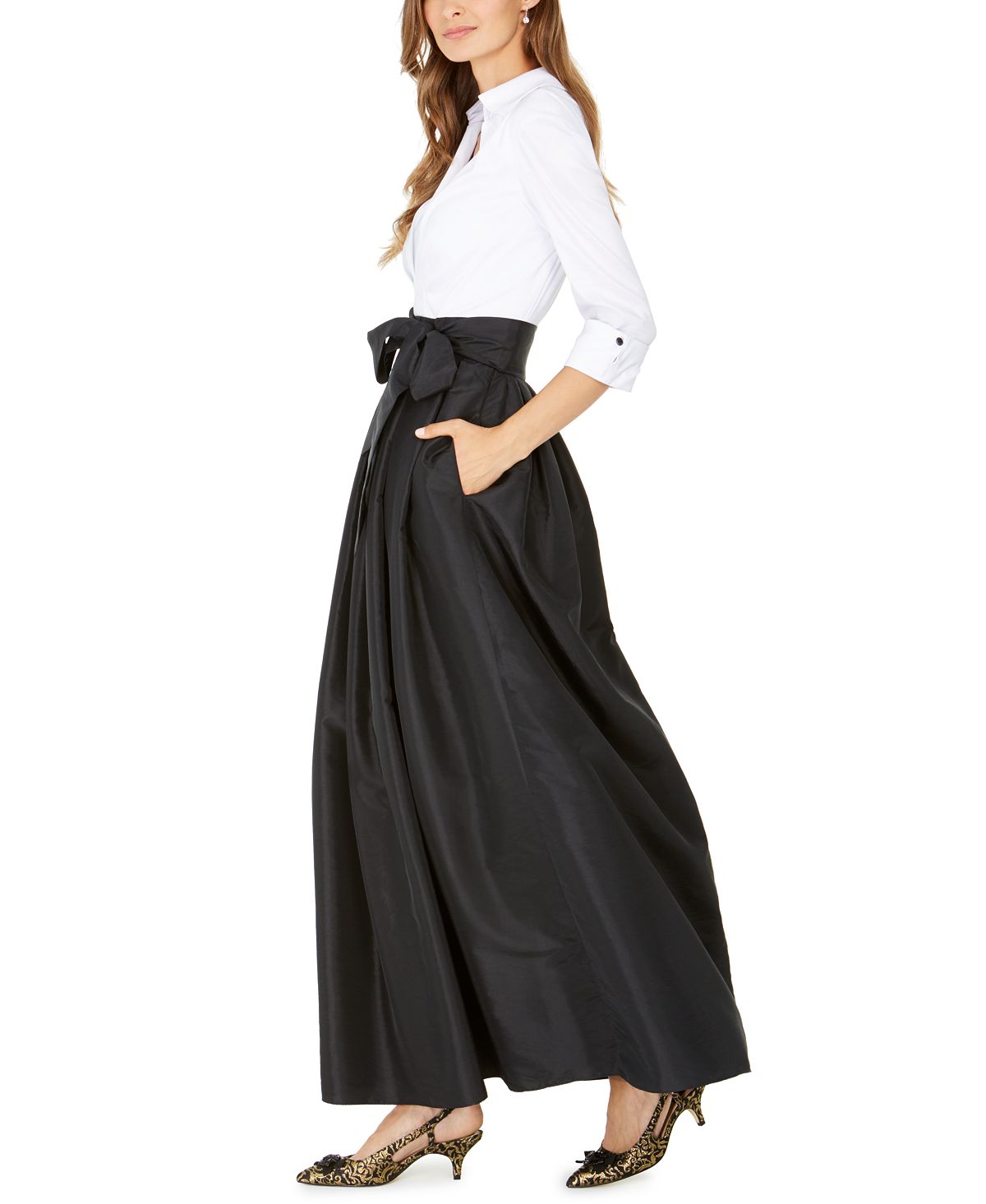 Jessica Howard Women's Belted Color Block 3/4 Sleeve Collared Maxi Fit Flare Formal Dress White Size 6 Petite