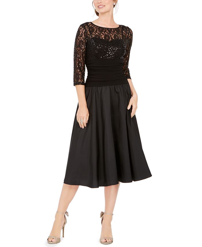 Jessica Howard Women's Sequined 3/4 Sleeve Illusion Neckline Below the Knee Fit Flare Evening Dress Black Size 4 Petite