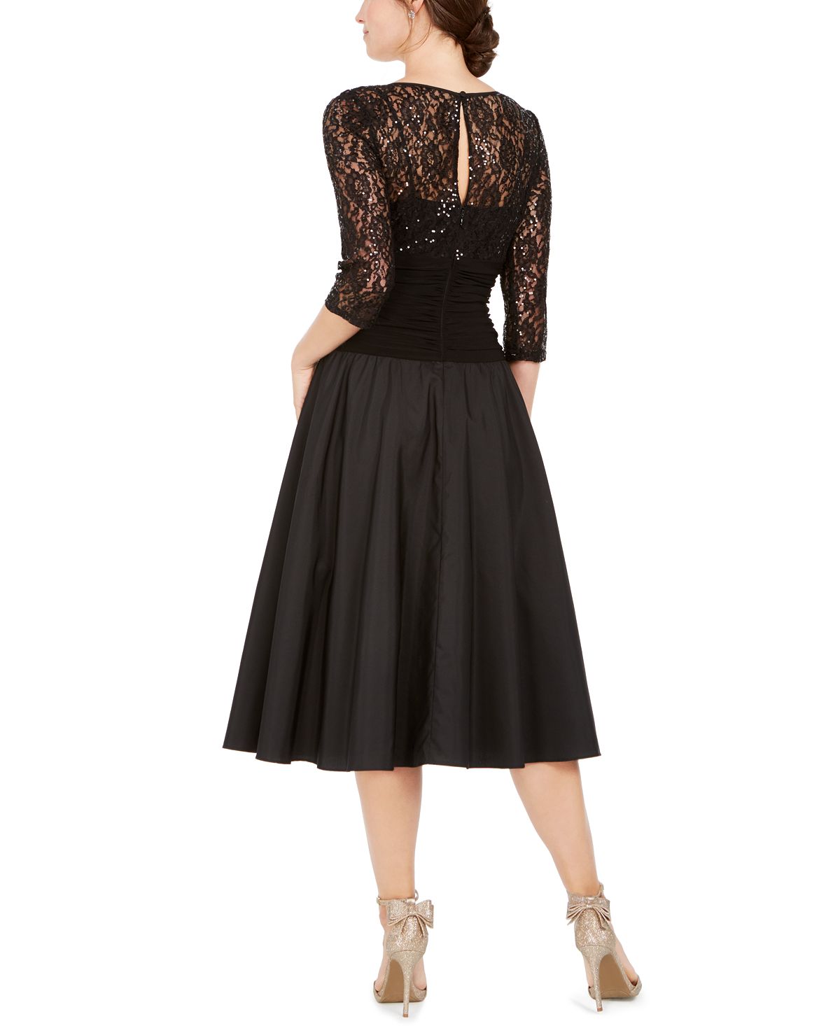Jessica Howard Women's Sequined 3/4 Sleeve Illusion Neckline Below the Knee Fit Flare Evening Dress Black Size 4 Petite
