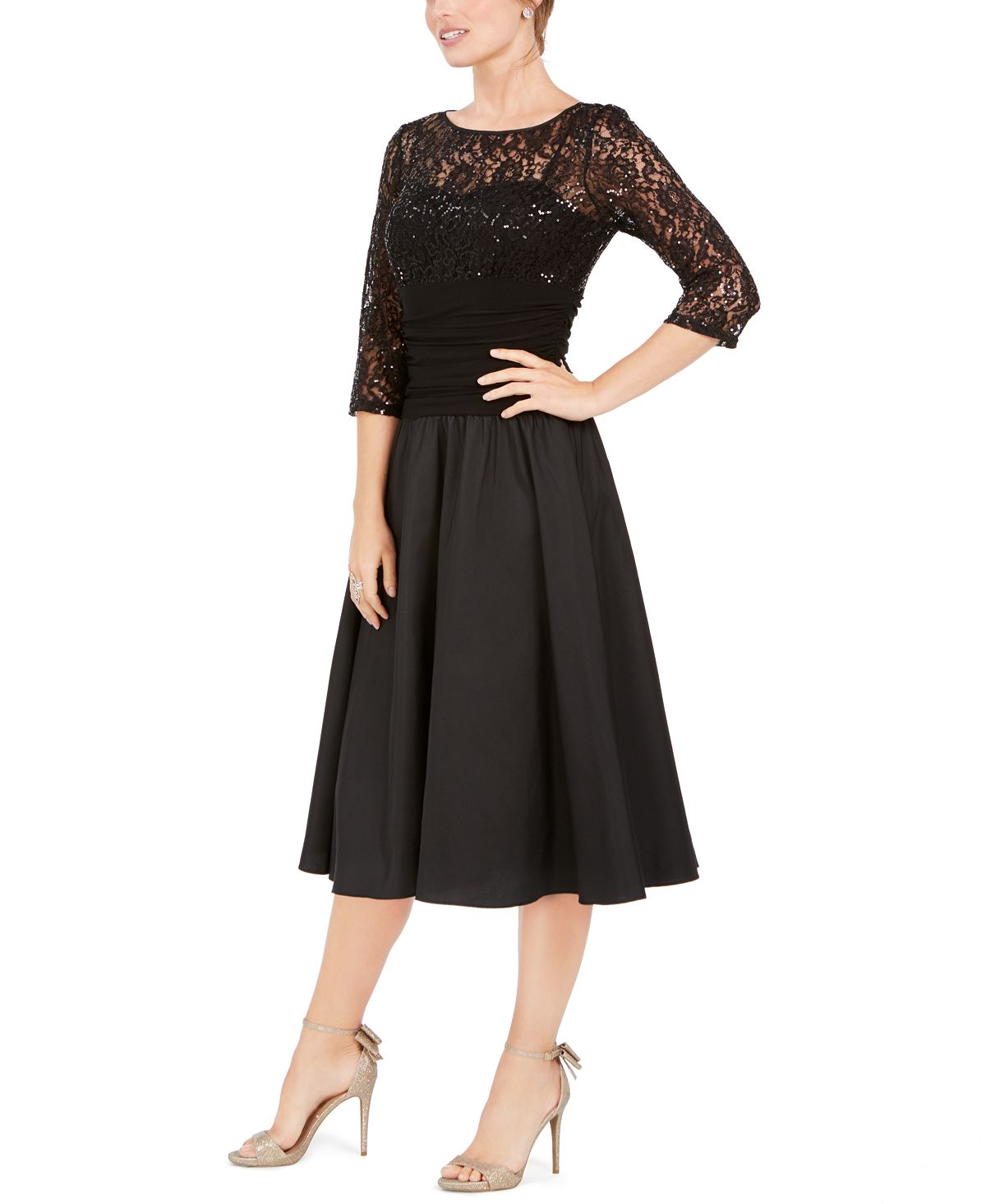 Jessica Howard Women's Sequined 3/4 Sleeve Illusion Neckline Below the Knee Fit Flare Evening Dress Black Size 4 Petite