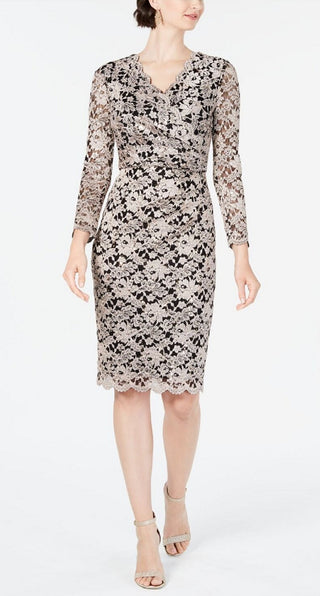 Jessica Howard Women's Sequined Floral 3/4 Sleeve V Neck Cocktail Jumpsuit Black Size 12