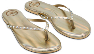Solei Sea - Women's Indie Solid Metallic Gold With Pearls Flip-flop