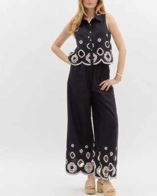 Entro - Scallop Embroidered Hem Wide Leg Pants