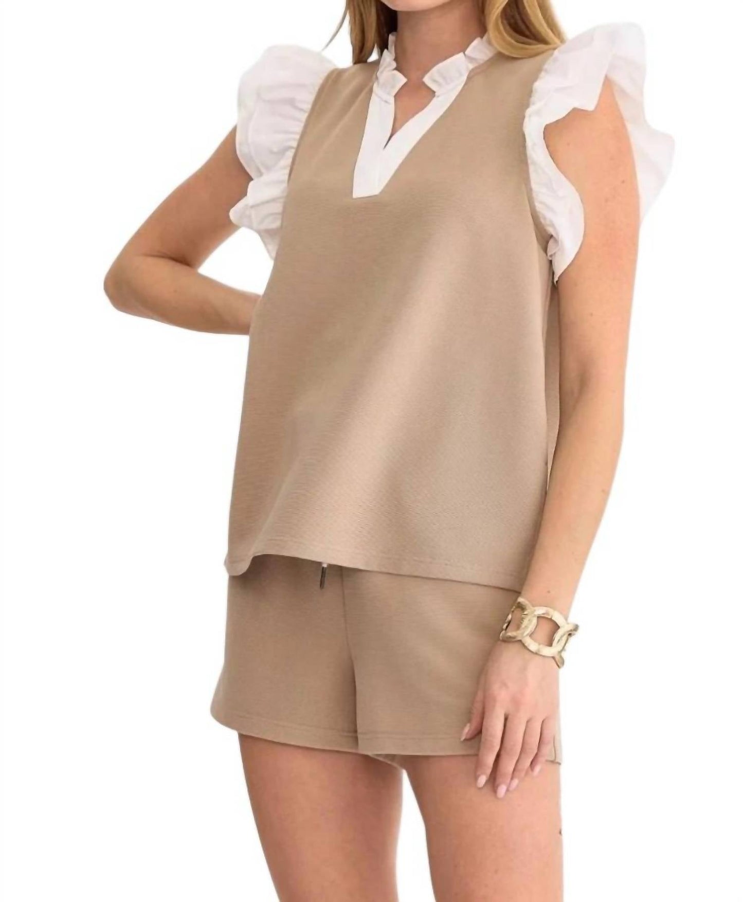 Entro - Contrast Ruffle Sleeves Top & Short Set