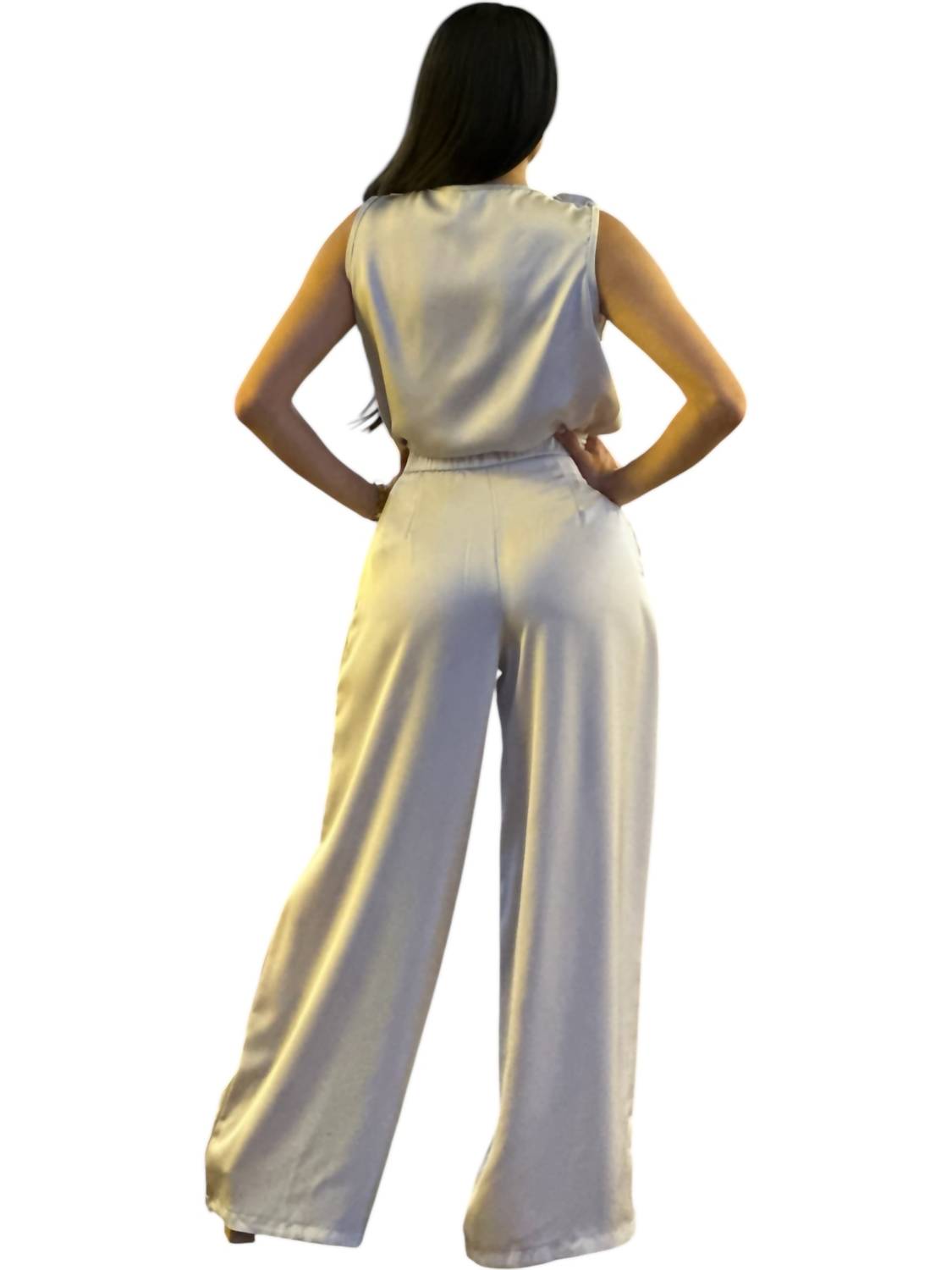 A.C.G. Los Angeles - Satin Wide Leg Pants & Cowl Neck & Flower Sleeveless Top