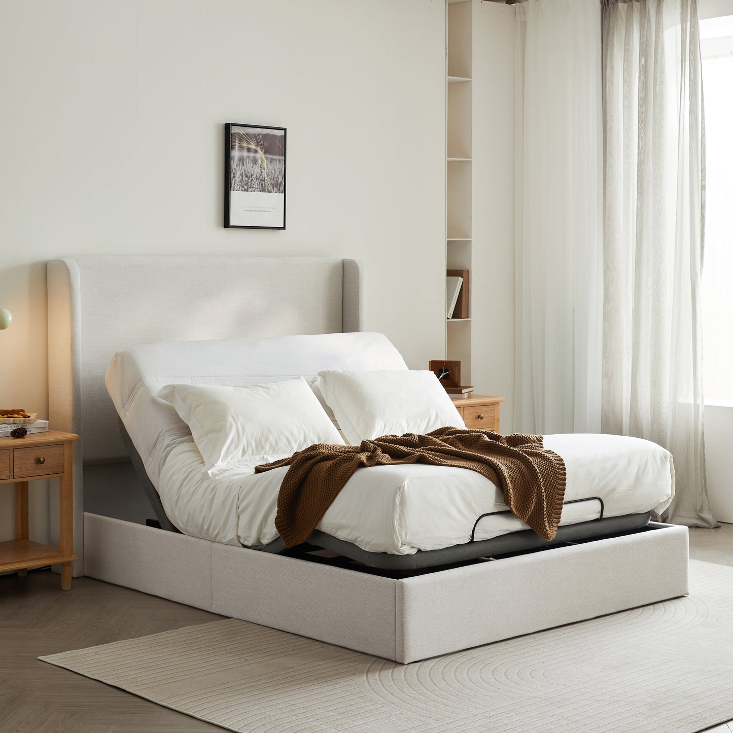 Caron Upholstered Wingback Bed with Adjustable Base Bundle Set, Queen Size