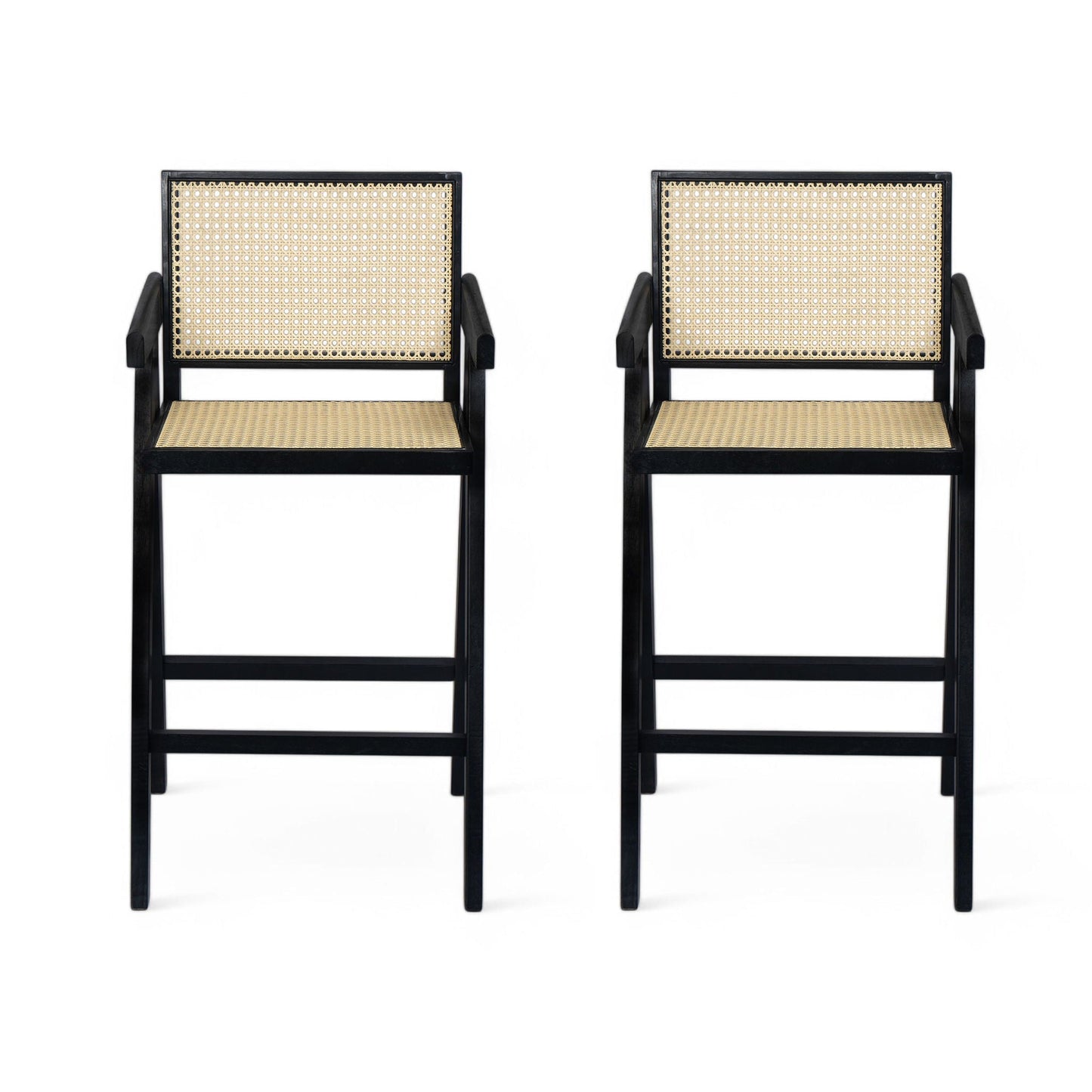 Modern Minimalist Bar Stool With Cane Seat - Black / Natural