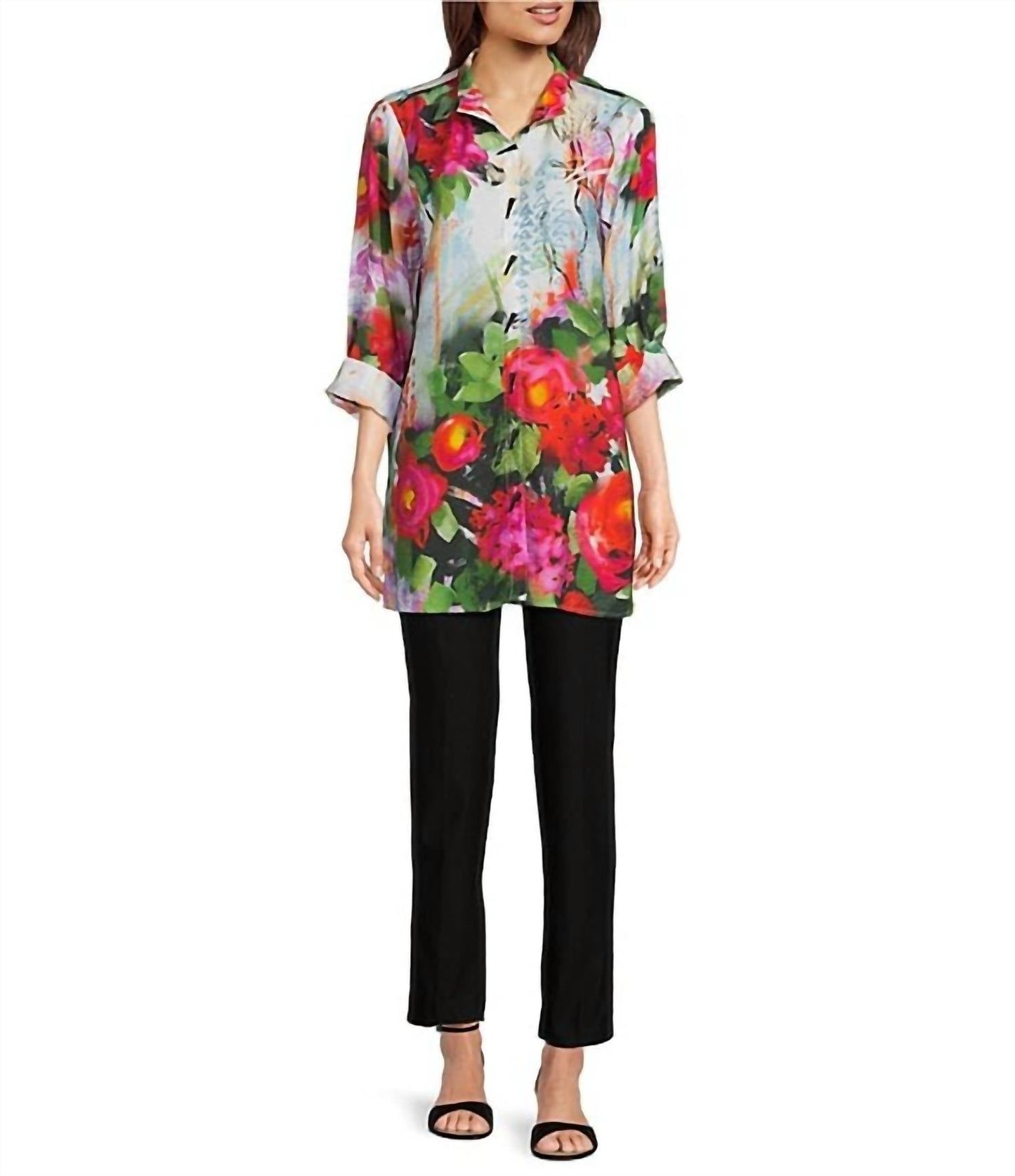 Ali Miles - Woven Floral Wire Neck Button-front Tunic