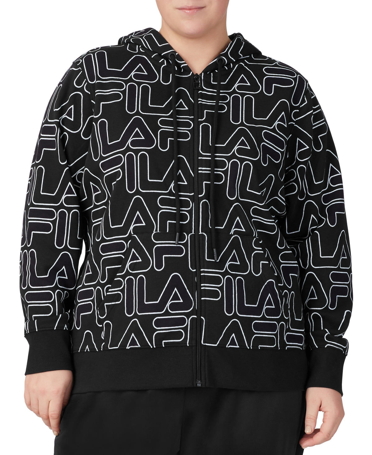 Fila Women's Printed Zip Front Hooded Jacket Black Size 3X