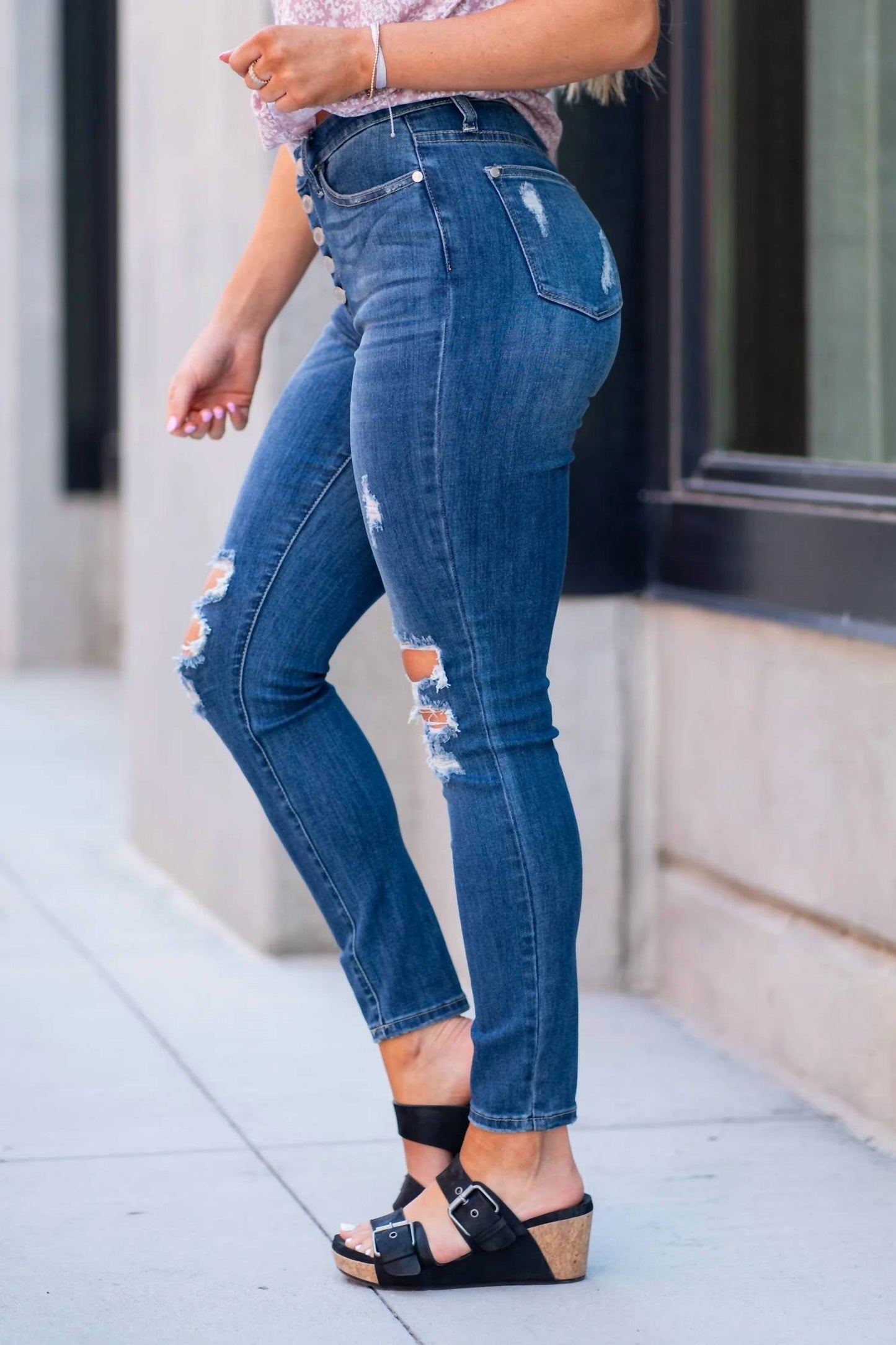 Judy Blue - High Waist Button Fly Distressed Skinny Jeans