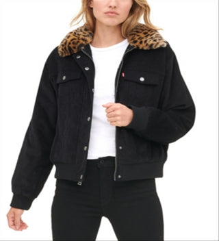 Levi's Women's faux Fur Collar Corduroy Trucker Bomber Jacket Black Size X-Large
