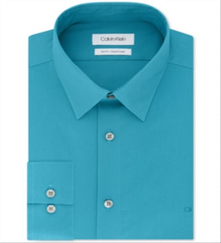 Calvin Klein Men's Slim Fit Stretch Flex Collar Solid Logo Dress Shirt Blue Size 16X34-35