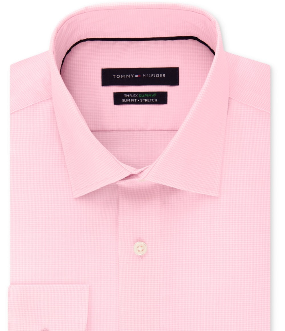 Tommy Hilfiger Men's Supima Cotton Slim Fit Non Iron Dress Shirt Pink Size 15.5X34X35