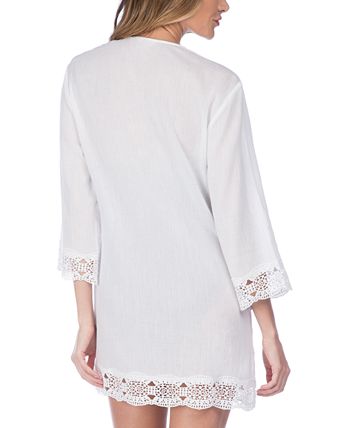 La Blanca Women's Cotton Crochet Trim Tunic Swimsuit White Size Large