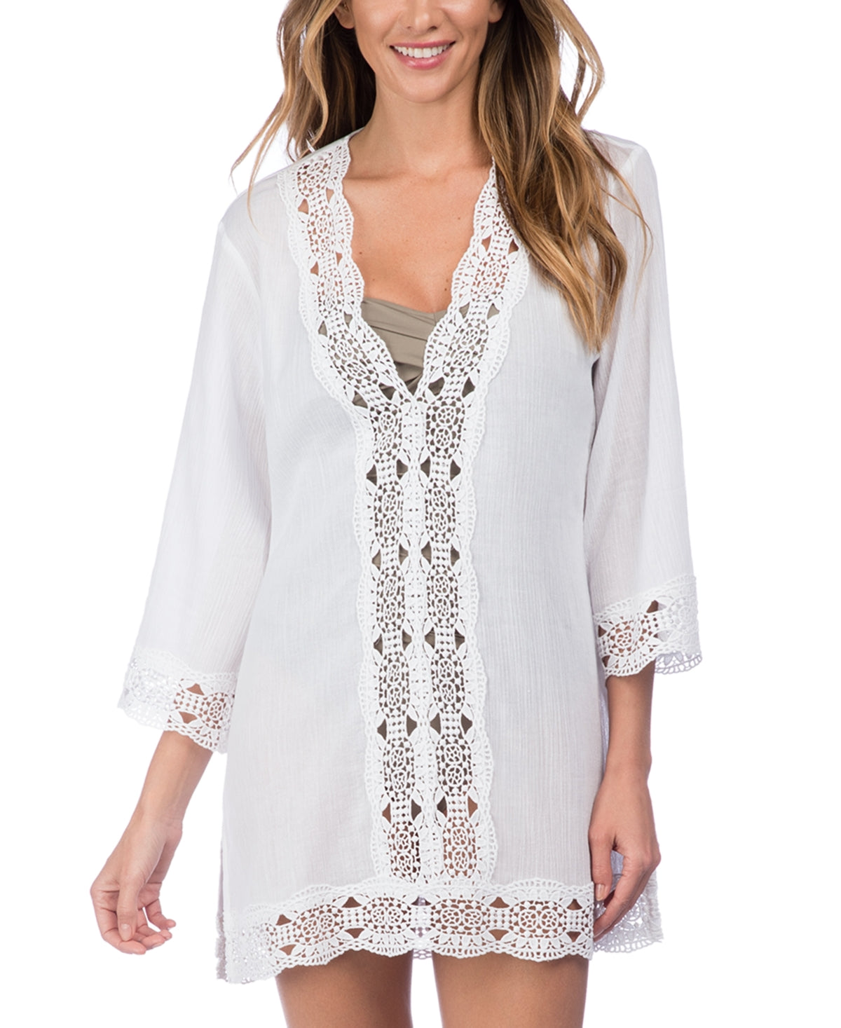 La Blanca Women's Cotton Crochet Trim Tunic Swimsuit White Size Large