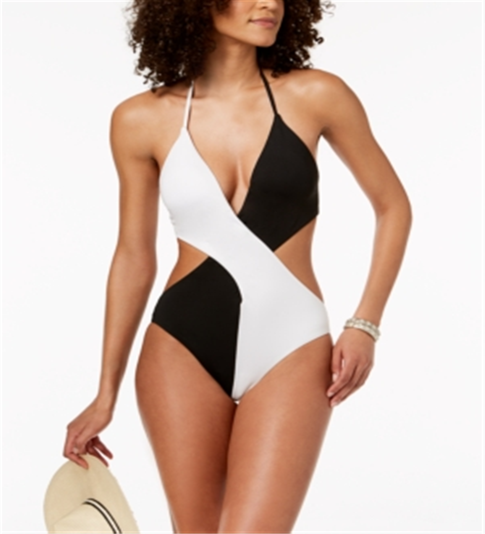 Bar III Women's Colorblocked Plunging Halter One Piece Cheeky Swimsuit Black Size Large