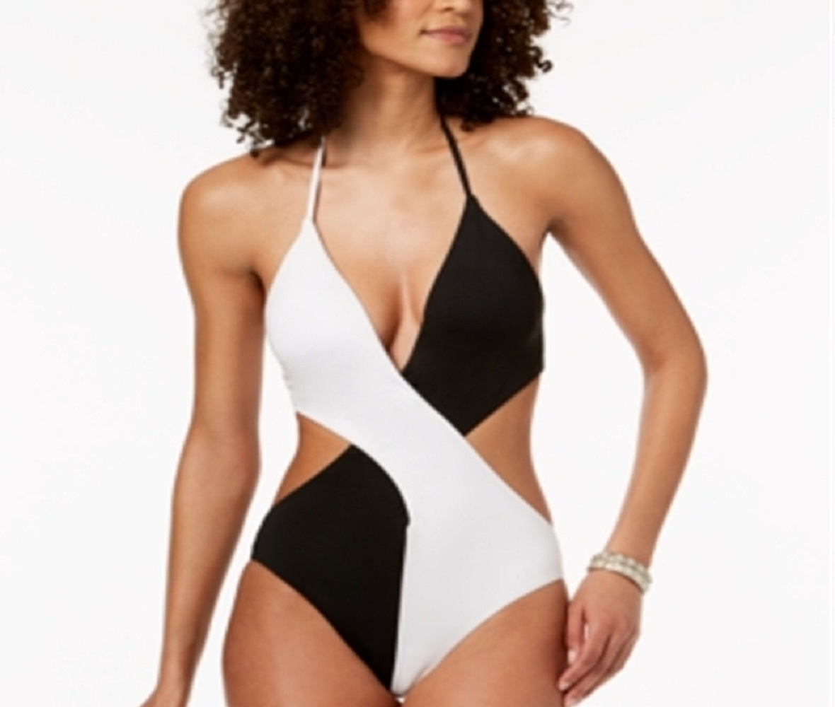 Bar III Women's Colorblocked Plunging Halter One Piece Cheeky Swimsuit Black Size Large