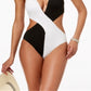 Bar III Women's Colorblocked Plunging Halter One Piece Cheeky Swimsuit Black Size Large