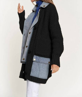 Davi & Dani - DENIM COLLAR AND POCKET KNIT CARDIGAN