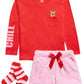 Max & Olivia Big Girl's 3 Pc Reindeer Top Faux Fur Shorts & Socks Pajama Set Red Size Small