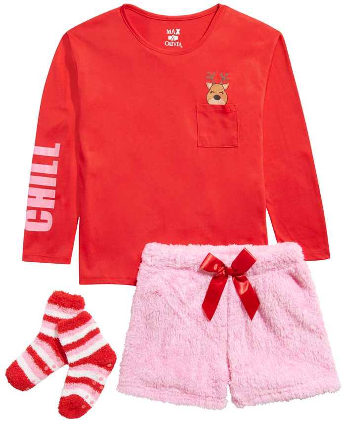 Max & Olivia Big Girl's 3 Pc Reindeer Top Faux Fur Shorts & Socks Pajama Set Red Size Small