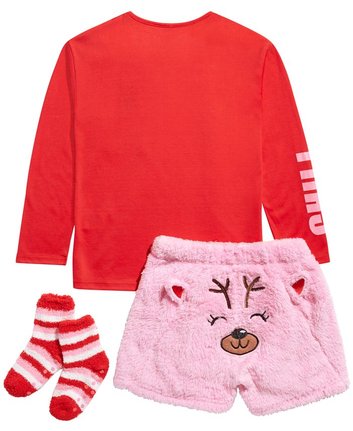 Max & Olivia Big Girl's 3 Pc Reindeer Top Faux Fur Shorts & Socks Pajama Set Red Size Small