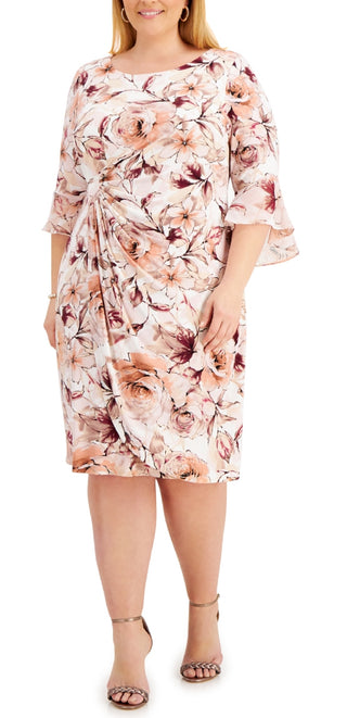 Connected Women's Gathered Waist 3/4 Sleeve Sheath Dress Brown Size 14W