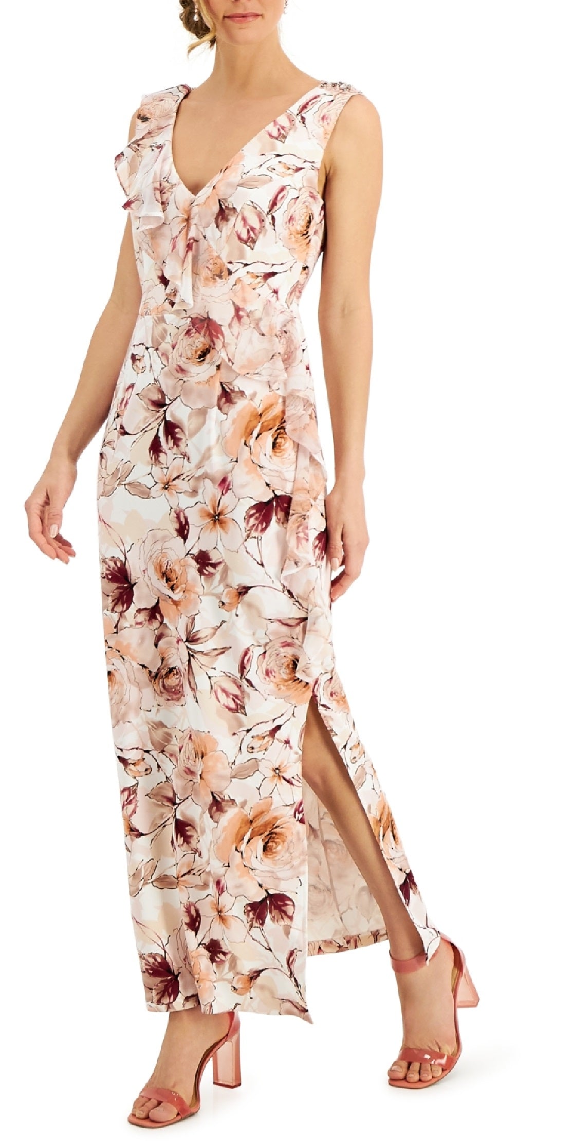 Connected Women's Floral Sleeveless V Neck Maxi Cocktail Dress Brown Size 4