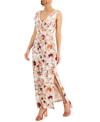 Connected Women's Floral Sleeveless V Neck Maxi Cocktail Dress Brown Size 4