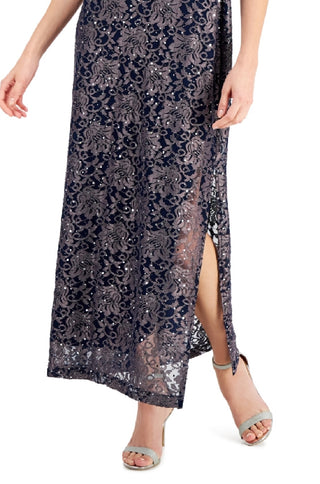 Connected Women's Printed Lace Gown Blue Size 8