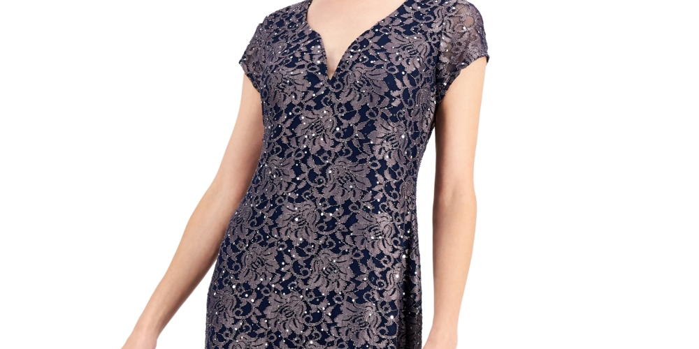 Connected Women's Printed Lace Gown Blue Size 8