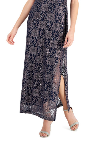 Connected Women's Printed Lace Gown Blue Size 10