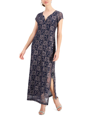 Connected Women's Printed Lace Gown Blue Size 10
