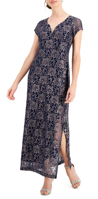 Connected Women's Printed Lace Gown Blue Size 12