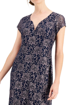 Connected Women's Printed Lace Gown Blue Size 16