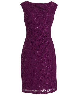 Connected Apparel Women's Sequined Lace Cutout Sheath Dress Purple Size 16