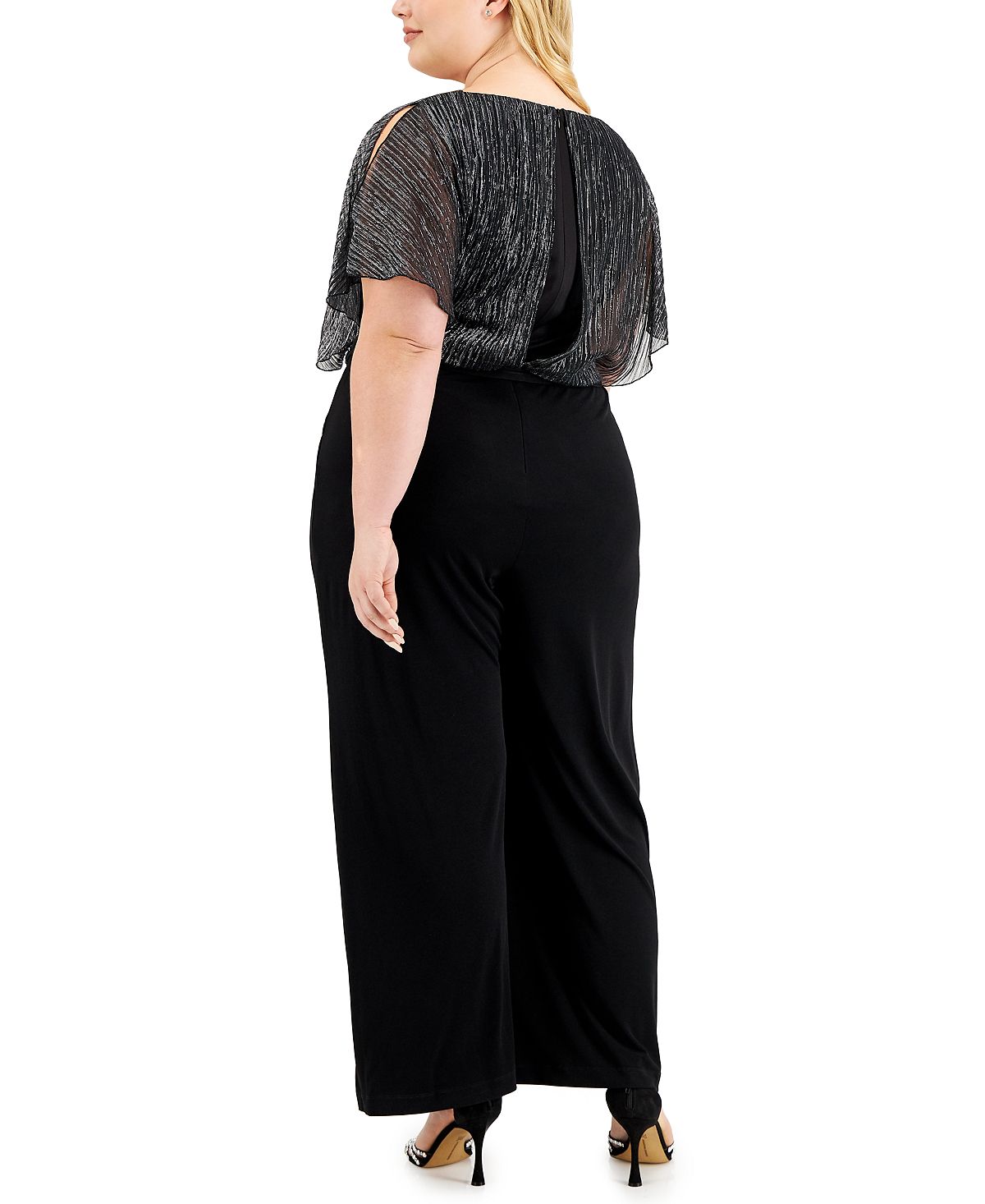 Connected Women's Flutter Sleeve Round Neck Wear To Work Wide Leg Jumpsuit Black Size 16W